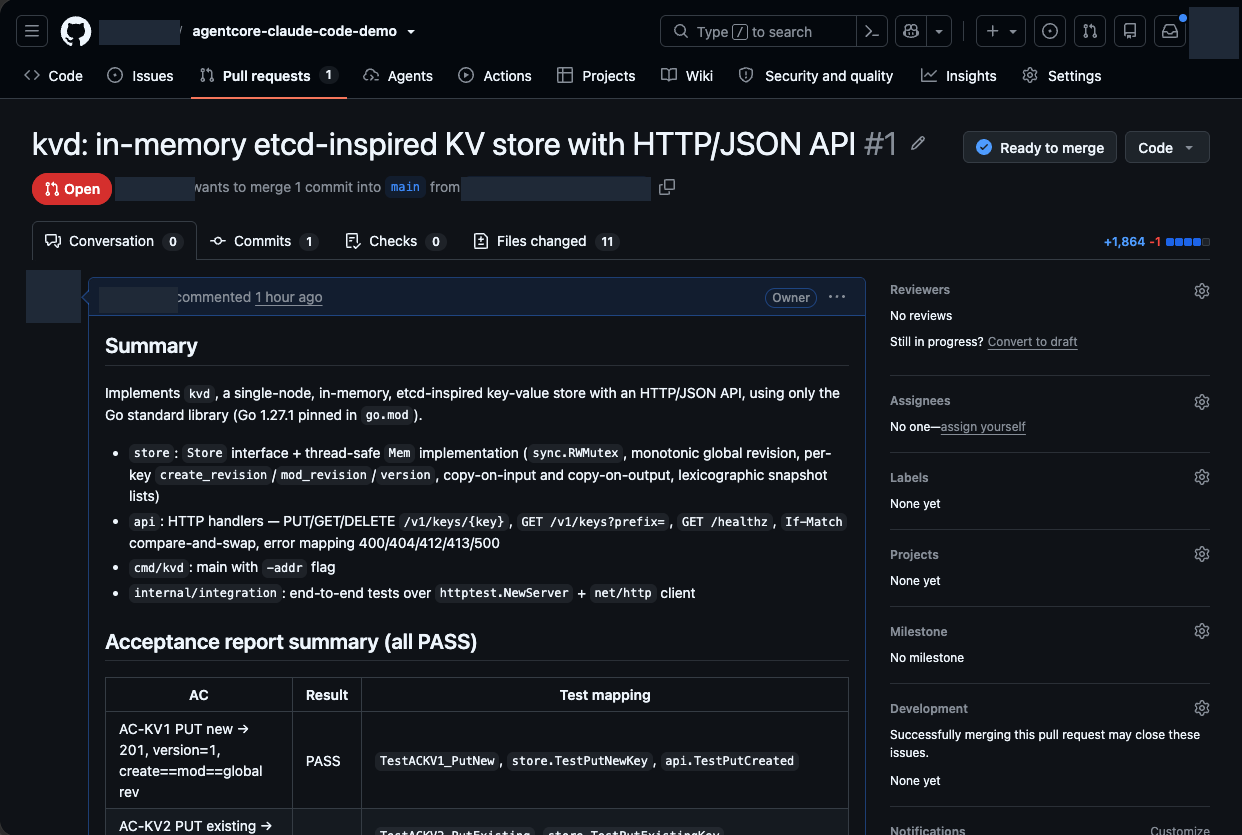 Successful completion summary showing acceptance checks and the confirmed GitHub pull request